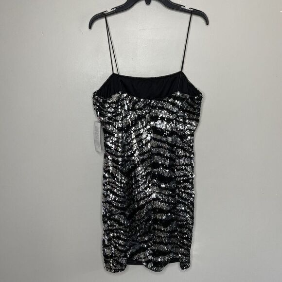 AIDAN MATTOX Dress Womens 8 Mini Cocktail Silver Black Sequin Strappy NEW - Picture 3 of 7